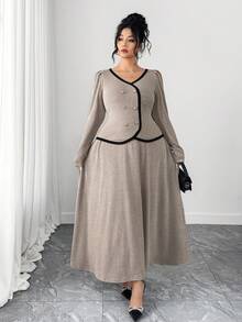 Dazy Plus 大码女士优雅两件套：撞色拼接双排扣短款上衣和A字长裙，春秋季 - 灰色 - 查看 3