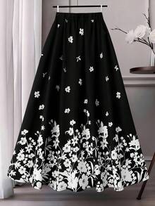 GlowEve CURVE Plus Size Women Floral Print Casual Skirt - Black and White - View 1