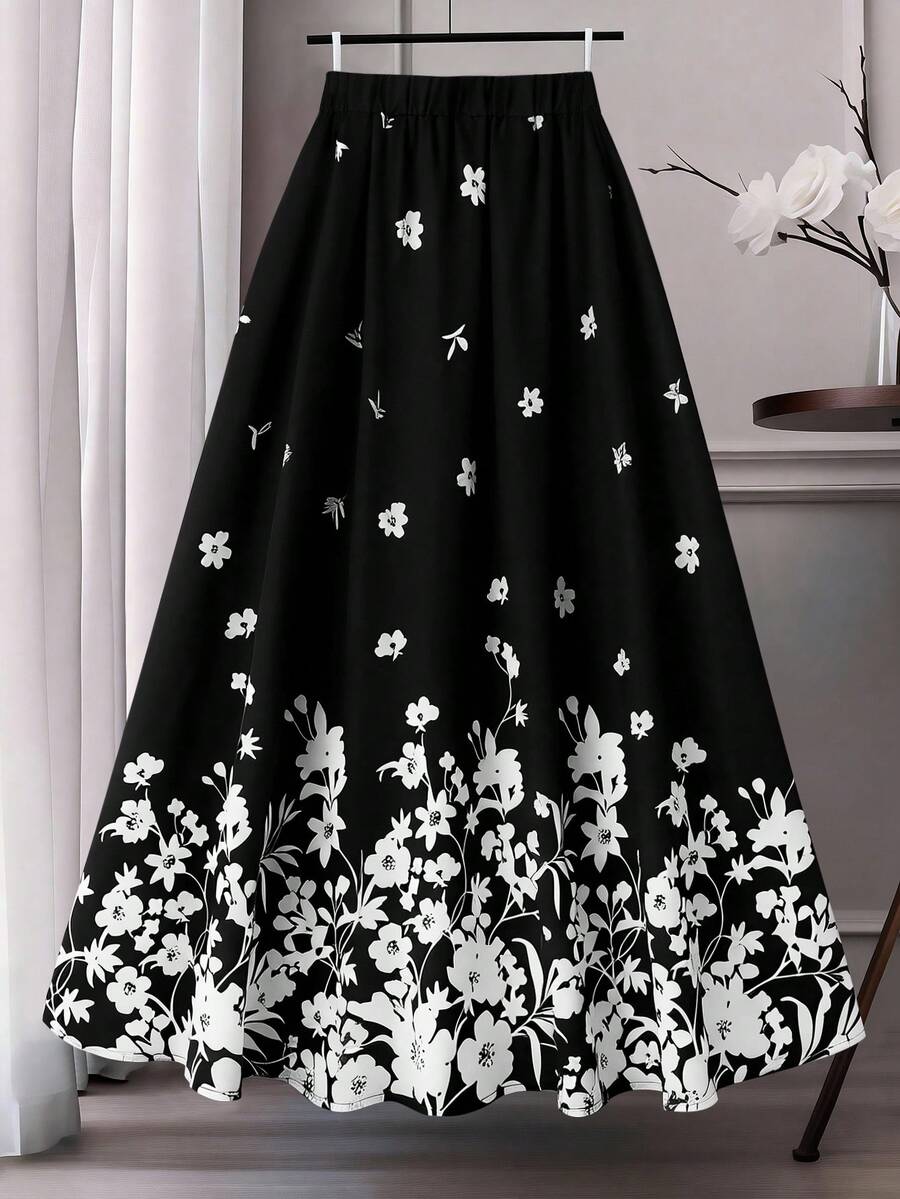GlowEve CURVE Plus Size Women Floral Print Casual Skirt - Black and White - View 1