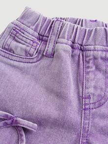 SHEIN Quần ống rộng denim màu xanh dương dễ thương có nơ cho bé gái, trang phục mùa thu đông cho bé gái. - Màu tím - Xem 3