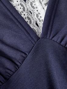 SHEIN MOD 女士时尚束腰长袖蕾丝拼接连衣裙 - 藏蓝色 - 查看 3