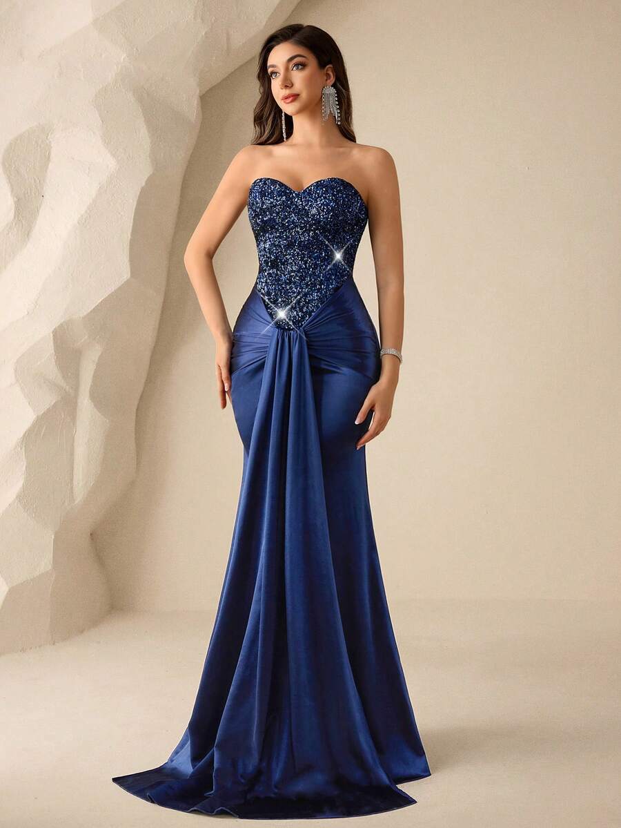 Coutiva Đầm dạ hội thanh lịch dành cho nữ, không dây vai, kiểu đuôi cá, đính sequin và nhiều mảnh vải. - Màu xanh hải quân - Xem 1
