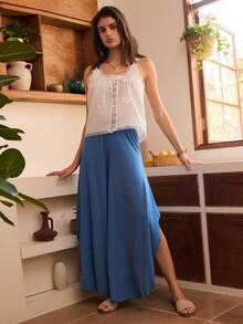 Bohemian Style Ruffled Side Design Loose Women Pajama Bottoms - Blue - View 6