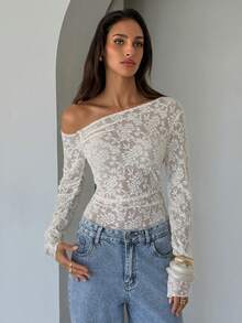 Aloruh 女士性感不对称露肩白色连体衣 - 白色 - 查看 3