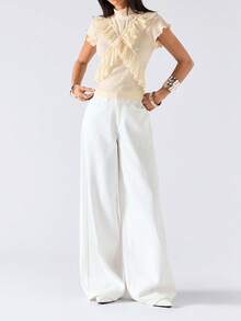 LYSMO 2026 New Arrive Minimalism Spring/Summer Women's Solid Color Stand Collar Short Sleeve Ruffle Hem Fashion T-Shirt,Going Out Top,Vacation/Boho - Coffee Brown - View 6