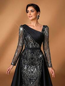 Serin 优雅奢华的刺绣亮片拼接缎面袖美人鱼长裙，蓬松裙摆，适合婚礼、活动、派对、度假、舞会、新娘母亲正式礼服等场合。 - 黑色 - 查看 3