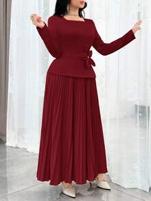 Modelyn 女士纯色方领3D立体花卉装饰褶皱长袖连衣裙 - 酒紅色 - 查看 6