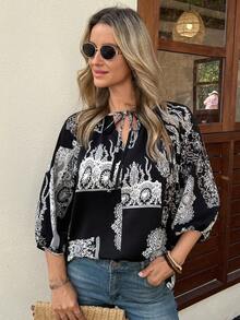 Vivie Lora Women's Loose Vacation Style Black & White Shirt Boho - Black and White - View 5
