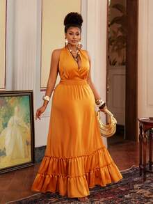 Maweii Plus Size Mustard Yellow Maxi Dress,Sleeveless Backless Drawstring Waist Shirred Solid Summer Tropical Holiday Elegant Casual Dress For Parties,Dates - Yellow - View 5