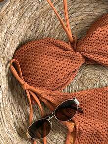 Swim Mod Women's Orange Ruched Halter Tie Sexy Beach Bikini Swimsuit Set, Summer - Orange - View 4