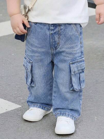 SHEIN Playful Pals One Piece Baby Boys 2026 All Year Round New Light Blue Washed Cargo Style Loose Denim Mid Pants Baby Boy Side 3D Large Pocket Kids Cargo Mid Pants Casual Comfort Versatile Chic Summer Thin Cargo Style Denim Mid Pants Jeans For Toddlers Toddler Boy Jeans Kid Boy Cargo Jeans Jeans For Baby Boys Denim Jeans For Toddlers Baby Boy Jeans Toddler Jeans