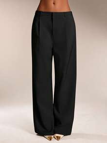 SHEIN Tall CURVE 大码女式纯色牙签条纹宽松阔腿休闲裤 - 黑色 - 查看 6