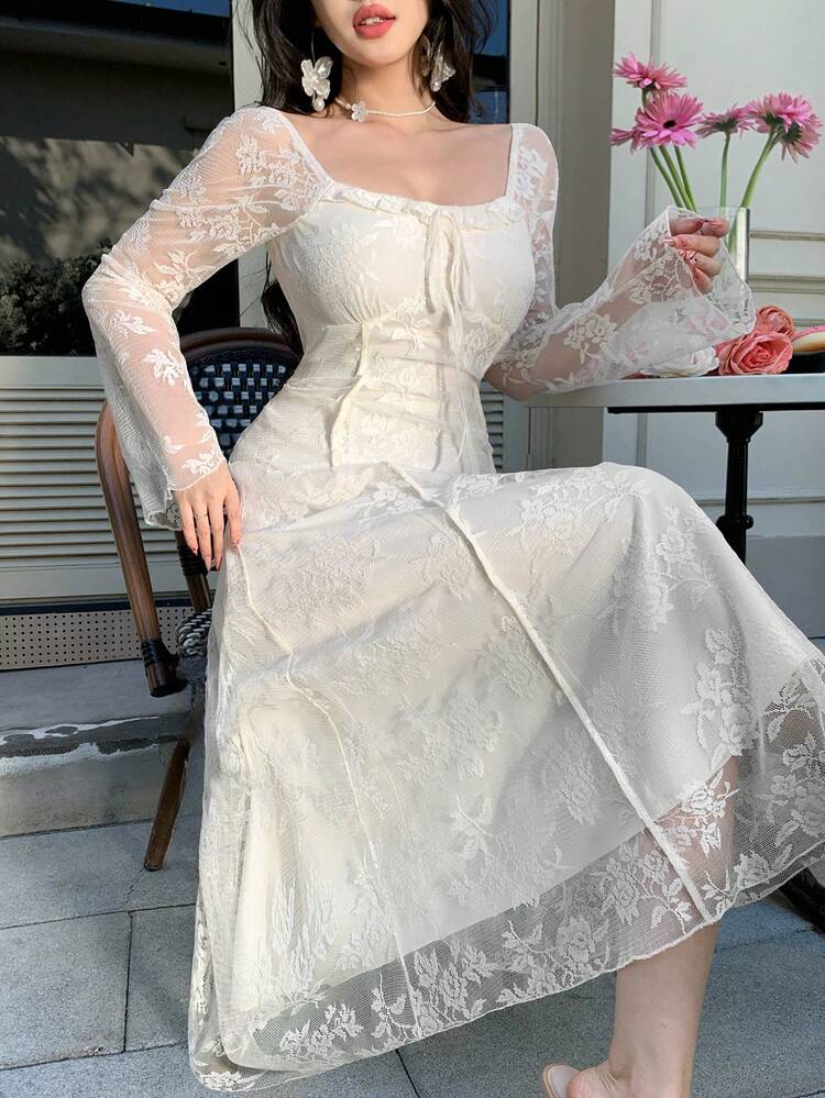 French Style Square Collar Lace Jacquard Dress, Waist Cinching, Slimming, Long Sleeve, Summer New Arrival