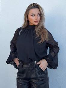 Jeta Ari 女士休闲纯色立领灯笼袖宽松衬衫，秋季 - 黑色 - 查看 4