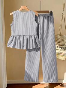 SHEIN 2pcs/Set Tween Girls Sleeveless Shirt With Bow Button & Elongated Pants - Royal Blue - View 2