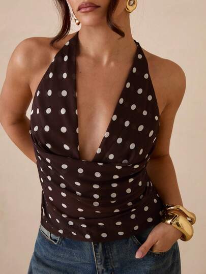 SHEIN Glamour Women's Polka Dot V-Neck Halter Sleeveless Ruched Sexy Blouse