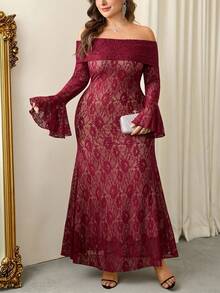 Firerie Plus Size Elegant Wedding Nude Contrast Lining Off Shoulder Lace Dress,Women's Autumn Casual Vacation Party High-Low Hem Ruffle Sleeve Long Dress - Burgundy - View 7