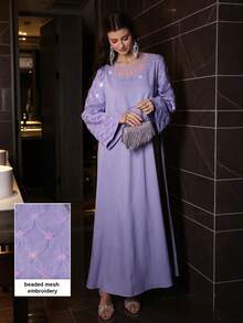 Mulvari Đầm dài tay dáng xòe kiểu Ả Rập dành cho nữ, phối lưới đính cườm và đá rhinestone. - Màu tím - Xem 8
