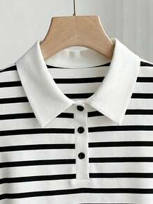 Franclia 2026新款条纹撞色纽扣背心，衬衫领半开襟设计，休闲通勤简约学院风无袖女式上衣 - 黑與白 - 查看 3