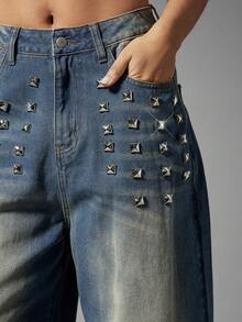 Denimoi Studded Washed Denim Jeans Straight Leg Jeans Fashionable Streetwear Statement Jeans - Medium Wash - View 2