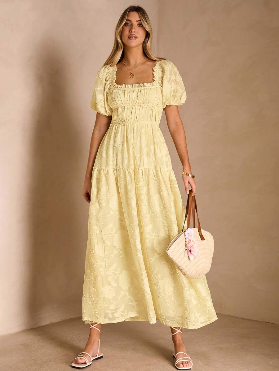 Enchnt Đầm ngắn tay in họa tiết dành cho nữ, kiểu dáng thường ngày. - Butter Yellow - Xem 1