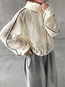 FRIFUL Women's Lace Lantern Sleeve Open Front Loose Jacket - Beige - View 7