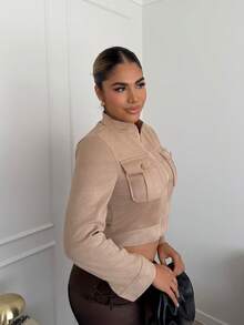 Maria Perezxox Women's Warm Thick Metal Button Decorated Cargo Green Short Jacket, Suitable For Autumn/Winter Fall Cloth For Women - Apricot - View 5