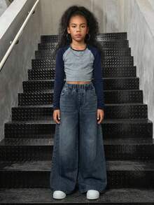 SHEIN Tween Girls' Elastic Waist Pockets Wide Leg Loose Casual Jeans - Dark Wash - View 7