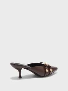 CUCCOO BIZCHIC Sepatu hak rendah runcing berwarna cokelat elegan untuk wanita dengan detail gesper, model selop. - Chocolate Brown - View 3