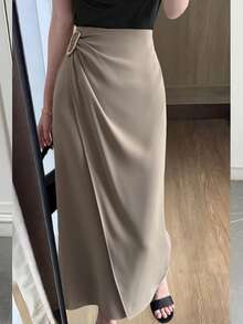 DAZY Women's Solid Color Metal Decor Elegant Office Skirt Summer - Khaki - View 1