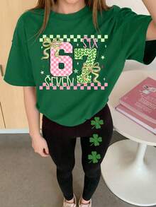 Girls' Soft Summer Colour Palette Casual School Outfit,Numeric 67 Plaid Green Leopard Bow Clover Print T-Shirt & Pants 2-Piece Set For Summer,Autumn - Multicolor - View 3