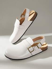 Solecia Women's New Slip-On Half-Covered Slippers With PU Leather Stone Texture, Back Strap Design, Flat Sole, Comfortable And Versatile, Suitable For Commuting, Going Out, Shopping, And Traveling - milky white - View 2