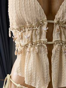 Bellisia Summer Beach Women 2 Pieces Spaghetti Strap Vest Wavy Striped Shell Patchwork Tie Neck Bikini Set, Bohemian Style - Beige - View 3