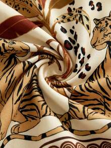 Soleia Casual Vacation Style Apricot Background Parrot Tiger Animal Coconut Tree Geometric Combination Retro Pattern Placement Print Women Mini Dress, Suitable For Spring/Summer Vacation - Multicolor - View 6