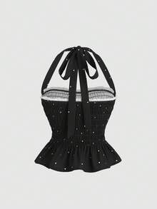 SHEIN Unity 女款黑白波點夏季可愛茶會約會之夜外訪掛脖上衣 優雅Y2K蝴蝶結荷葉邊飾綁帶蕾絲襯衫 - 黑色 - 查看 2