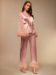 Silquee Fuzzy Trim Belted Satin PJ Set / Pajama Set, Fall Winter Clothes Women's Satin Robe And Pant Pajama Set With Feather Trim And Sheer Heart Sleeves Lounge Sleepwear Elegant Pink Satin Feather Trim Pajama Set For Women Long Sleeve Heart Dot Mesh Robe And Long Pants Women's Luxurious Pink Satin Pajama Set Sheer Sleeve Robe With Feathers And Wide Leg Long Pants Valentine's Day Sexy Lace Galentines Adult Date Night  Spandex See Through Romantic Sexy Curve Wedding Guest Pajamas - Pink - View 6