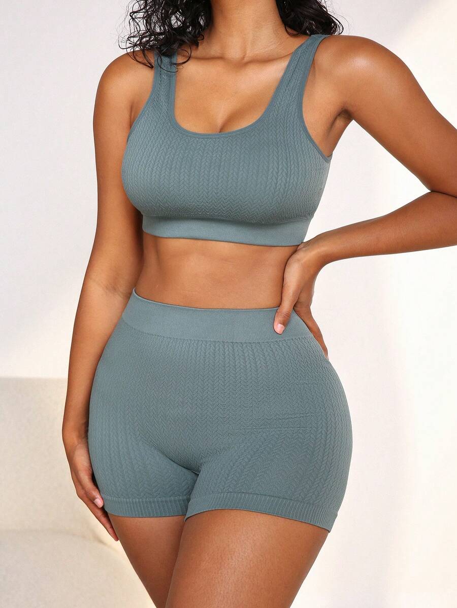 NudeFit 无缝吊带文胸套装，搭配弹力内裤，军绿色，经典麦穗图案内衣 - 軍綠色 - 查看 1