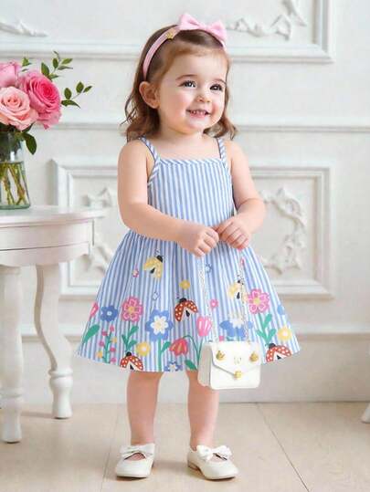 女宝宝可爱春夏花卉植物印花条纹吊带连衣裙，轻盈舒适，居家或户外活动皆宜，适合拍照和日常穿着，女童服装，幼儿连衣裙，礼物