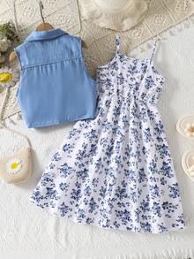 SHEIN Set de 2 piezas de chaleco de mezclilla y vestido camisola con estampado floral colorido para niñas preadolescentes, primavera/verano - Multicolor - Ver 3