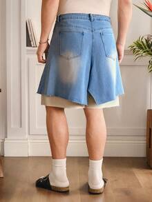 SWAVVY Men's Casual Distressed Washed Loose Denim Shorts, Summer - Blue - View 2