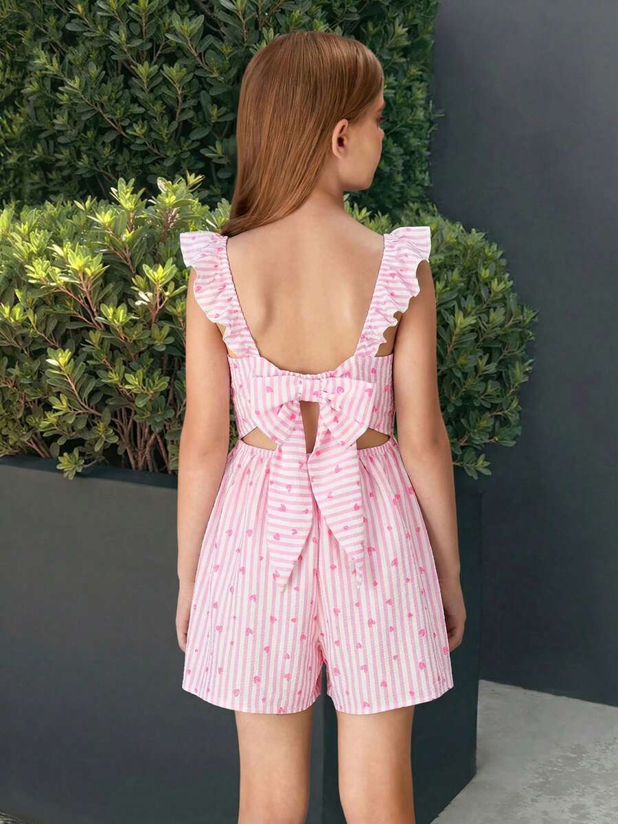 SHEIN Tween Girl Striped Square Neck Cap Sleeve Loose Jumpsuit For Vacation - Pink - View 1