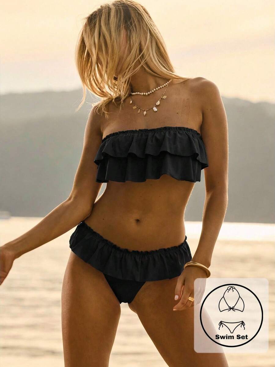 Aralina Bộ bikini quây không dây màu hồng họa tiết hoa, kiểu dáng phương Tây, kèm túi đựng đồ bơi, thích hợp cho kỳ nghỉ hè ở bãi biển. - màu đen - Xem 1