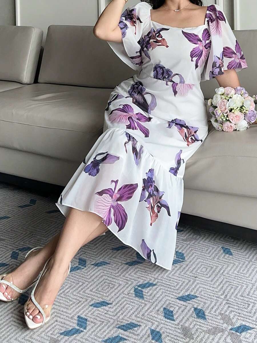 Dazy Plus Plus Size Women Floral Print Ruffle Sleeve Elegant Dress Sundress - Purple - View 1