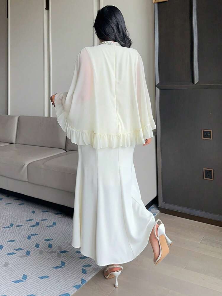Dazy Plus Plus Size Women Mandarin Collar Rhinestone Decor Ruffle Hem Cape Design Elegant Waist Cinched Party Dress Maxi Dress
