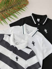 SHEIN 3pcs Young Boy Casual Sports College Print Pattern Polo Shirt, Suitable For Back To School, Daily Wear, Sports, Spring/Summer - Black and White - View 9
