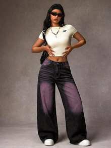 Jeanoix Quần jeans ống rộng dáng rộng, chất liệu vintage, cỡ lớn, kiểu dáng thường ngày. - màu đen - Xem 2