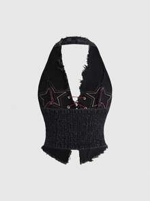 ROMWE Grunge Punk Streetwear Slogan Embroidered Contrast Color Distressed Halter Denim Top - Black - View 2
