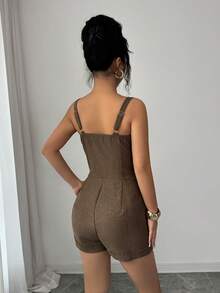 Selianne Women's Summer New V-Neck Camisole Front Buckle 2 In 1 Jumpsuit - Coffee Brown - View 2