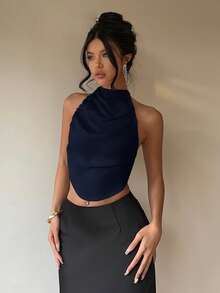 Aloruh Sexy Halter Backless Satin Women Camisole,Summer Top - Navy Blue - View 5