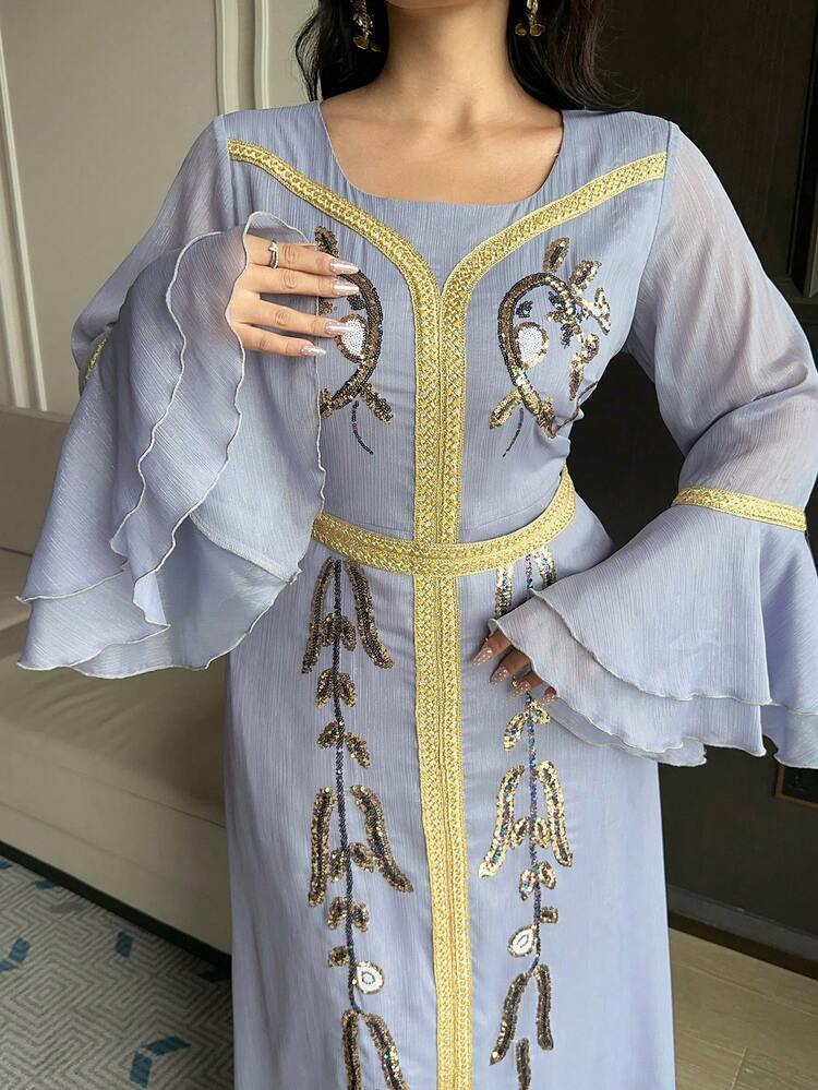 Dazy Plus Plus Size Women's Elegant Sequin Embroidery Colorblock Bell Sleeve Dress, Spring/Summer Sundress